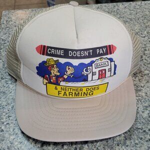 Crime Doesn't Pay Neither Does Farming Vintage Trucker Hat Snapback Cap Beige OS